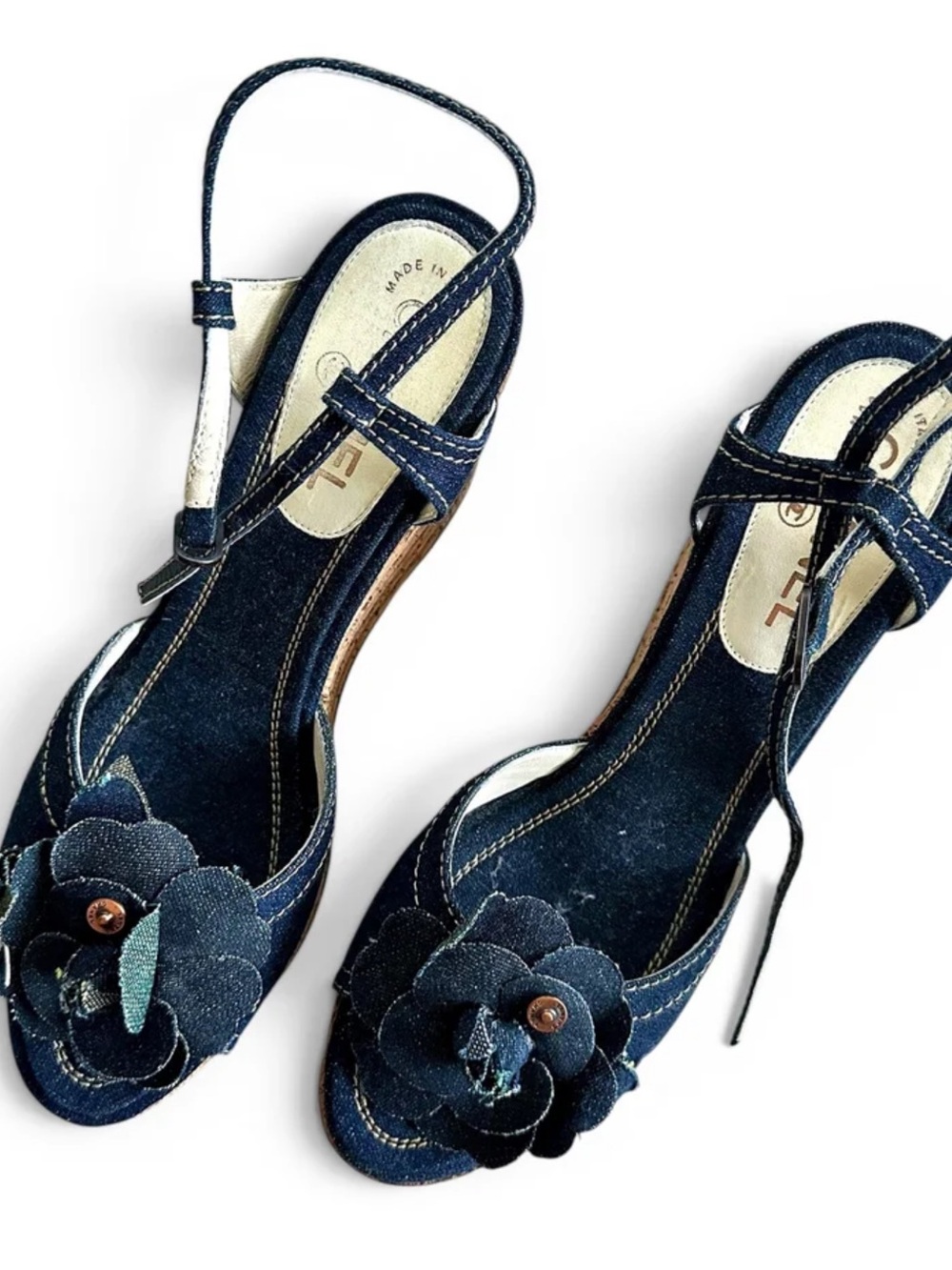 Vintage Chanel Camellia Denim Wedge Sandal